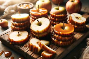 Caramel apple slices arranged on a rustic wooden board, ready to serve.