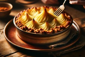 Rustic shepherd's pie with ground turkey in a ceramic dish.