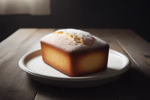 Homemade pound cake with a dusting of powdered sugar, set against a cozy kitchen backdrop.