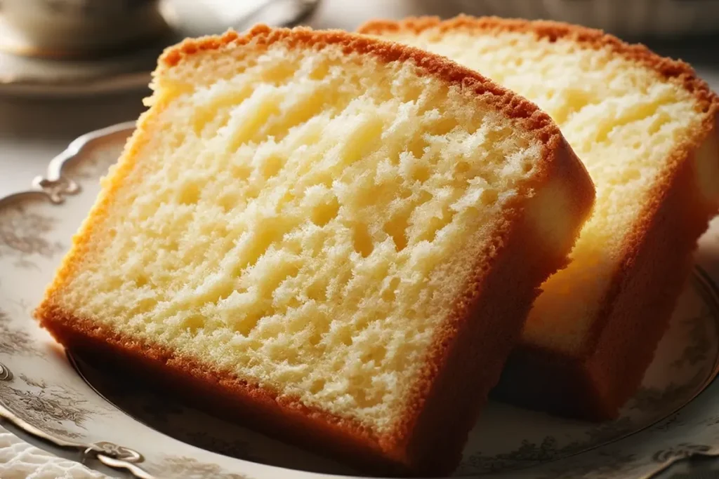 Sliced pound cake revealing its dense, buttery texture, served on a vintage plate.