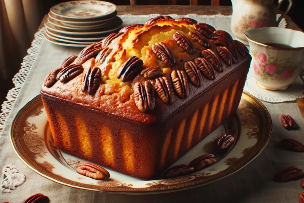 Butter pecan pound cake with nuts on top, reflecting a rich Southern baking tradition.