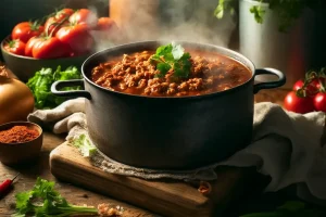 A bowl of spicy ground turkey chili garnished with fresh cilantro and cheese