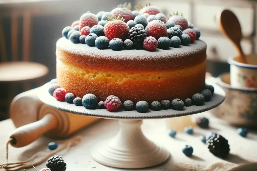 Decorating a Butter Cake with frosting and berries