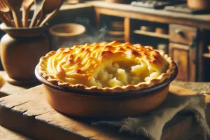 A freshly baked Cottage Pie in a rustic kitchen setting, capturing the essence of home-cooked meals.