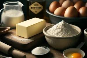 Butter Cake ingredients laid out on a kitchen counter