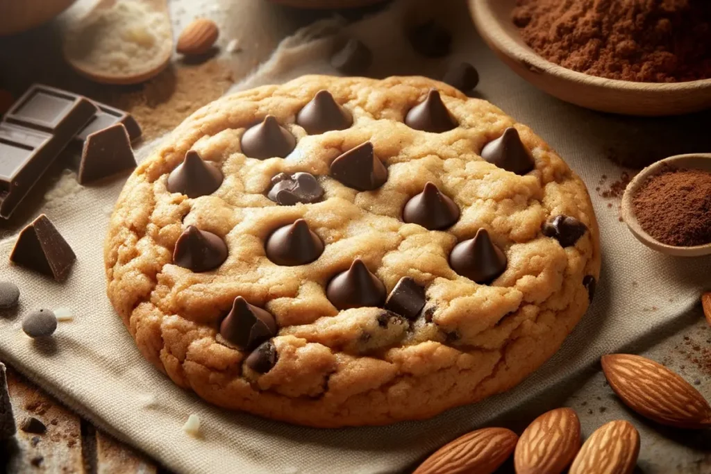 Golden brown gluten-free chocolate chip cookie with almond and coconut flour on a wooden table.