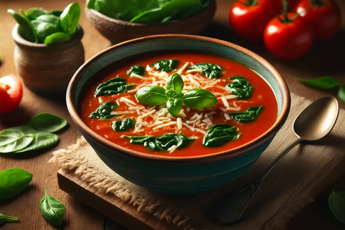 Bowl of vibrant Tomato Florentine Soup garnished with cheese and basil.