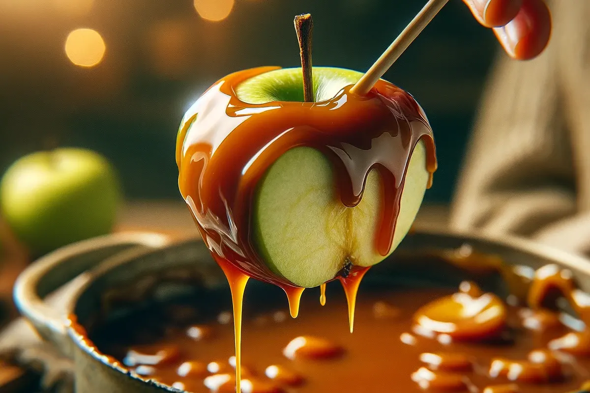 Close-up of caramel dripping from a freshly dipped apple slice.