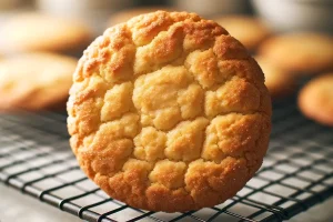 Golden-brown gluten-free sugar cookie on a cooling rack, highlighting its crispy edges and soft center.