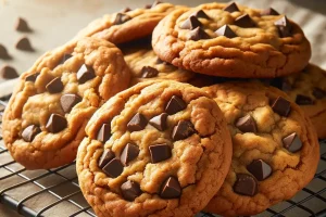 Gluten-free chocolate chip cookies on a cooling rack, showcasing their perfect rise and golden edges