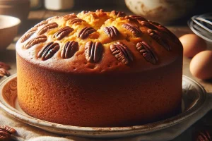 Golden-brown Butter Pecan Pound Cake fresh from the oven