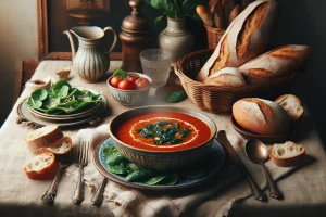 Serving Tomato Florentine Soup with crusty bread on a rustic table.