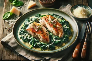 A plate of Chicken Florentine garnished with Parmesan on a rustic table.