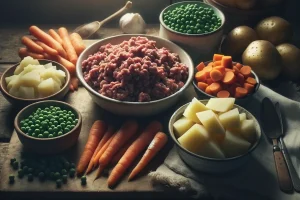 Ingredients for making traditional Shepherd's Pie, including ground lamb, peas, carrots, and potatoes.