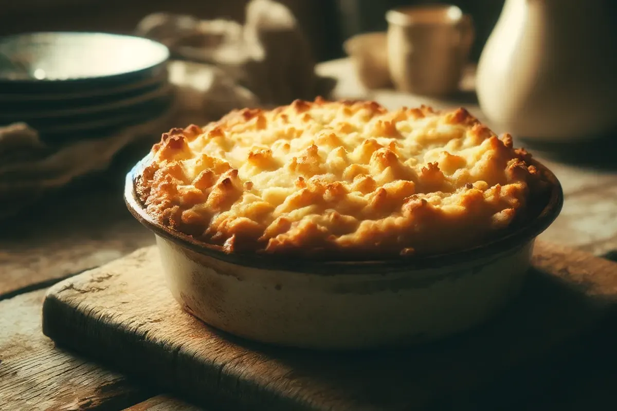 Close-up of a traditional Shepherd's Pie fresh out of the oven, showcasing the golden mashed potato topping.