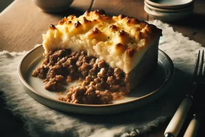 Serving of traditional Shepherd's Pie on a plate, highlighting the layered meat and mashed potatoes.