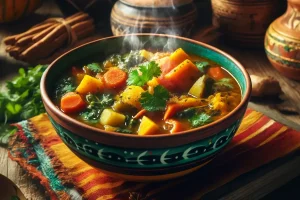 A steaming bowl of Caribbean soup with vibrant vegetables and spices.