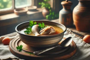 A cozy bowl of chicken carcass soup garnished with fresh parsley on a rustic kitchen table.