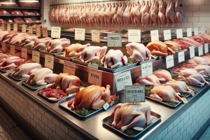 Chicken carcasses arranged at a local butcher shop, showcasing variety and preparation.