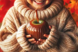 Child joyfully holding a caramel apple, with autumn leaves in the background.