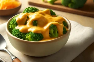 Silky cheese sauce draping over broccoli, demonstrating smooth cheese melting.