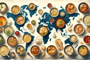 Variety of global chicken soup recipes on a world map background