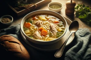 Hearty chicken soup with noodles and vegetables, ready to serve