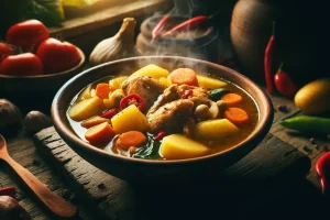 A hearty bowl of Jamaican Chicken Soup with vibrant vegetables and spices.