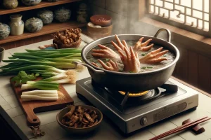 A simmering pot of Chicken Feet Soup with green onions and shiitake mushrooms