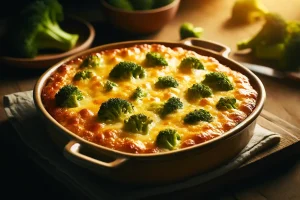 Golden-baked broccoli cheese casserole in a ceramic dish.