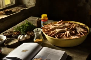 Rustic kitchen scene with ingredients for chicken feet dishes spread on an old wooden table.