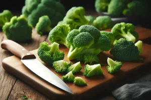 Cut fresh broccoli on a wooden cutting board, ready for cooking