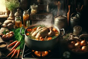 A simmering pot of broth made from the carcass of a chicken, surrounded by fresh vegetables.