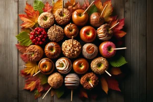 Variety of caramel apples with different toppings displayed on a rustic wooden table.