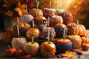 A collection of gourmet caramel apples with various toppings, ready for a fall feast.