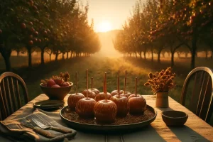 A rustic wooden table featuring caramel apples among autumn leaves.