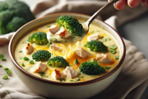 Close-up of creamy chicken broccoli cheese soup with a spoonful being lifted