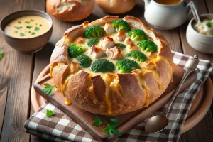 Hearty serving of chicken broccoli cheese soup in a bread bowl on a wooden table