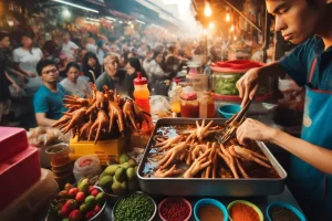 Street food vendor preparing chicken feet delicacies, surrounded by an eager crowd.