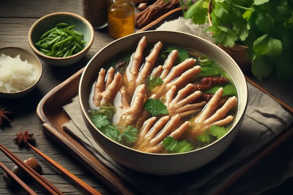 A steaming bowl of chicken feet high in a gelatinous broth, a symbol of culinary heritage.