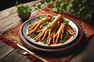 An exotic dish featuring chicken feet high, garnished with herbs and spices.