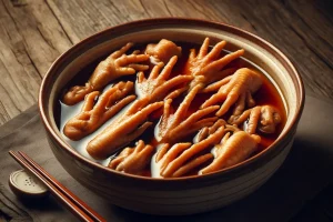 A close-up view of chicken feet high in collagen prepared in a savory sauce.