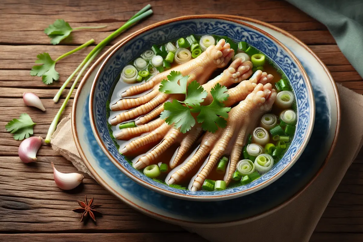 Bowl of Chicken Feet Soup garnished with fresh coriander and green onions