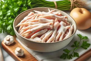 A bowl of clean chicken feet prepared for a nutritious broth.