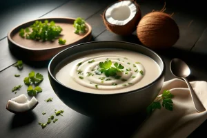 Creamy coconut milk-based Caribbean soup with a sprinkle of herbs.