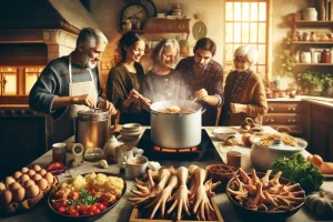 Family cooking chicken feet soup in a cozy home kitchen, sharing stories and laughter.