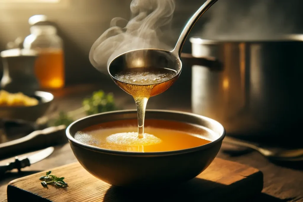 Golden, rich chicken carcass broth being ladled into a bowl.