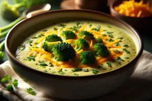 Close-up of a creamy broccoli cheese soup garnished with fresh herbs.