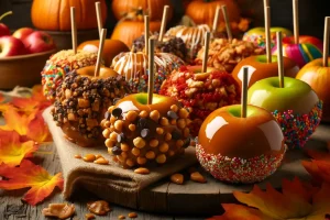 A selection of caramel apples adorned with various toppings, ready for a fall feast.