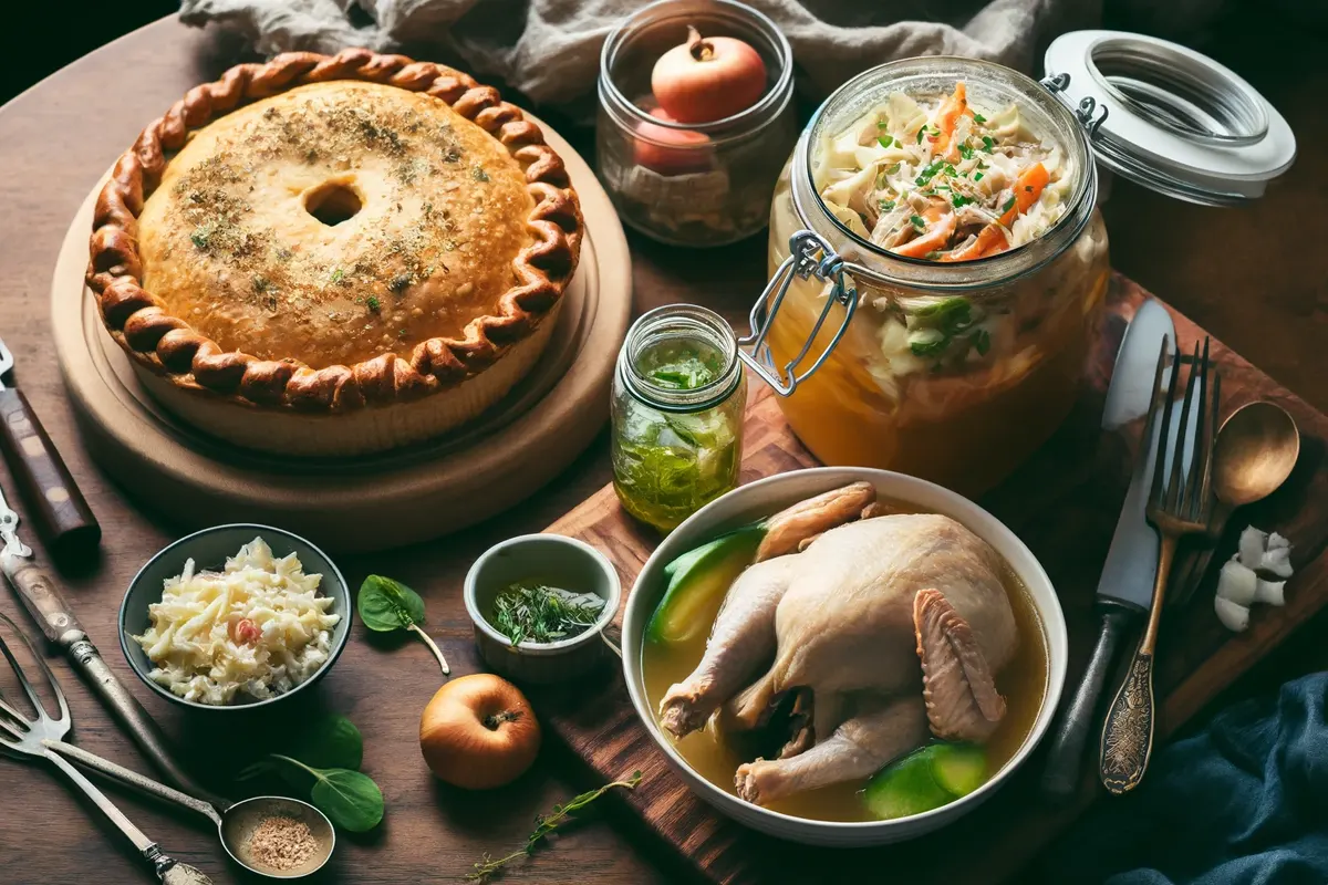 Various dishes prepared from the carcass of a chicken, showcasing sustainability in cooking.